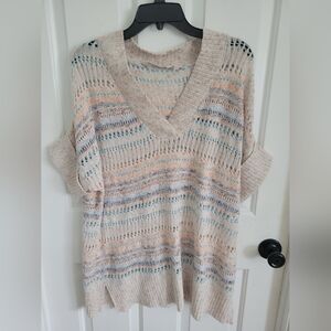 Soft Surroundings Oatmeal Beige Pink Blue Open Weave Emery Sweater  Size Small